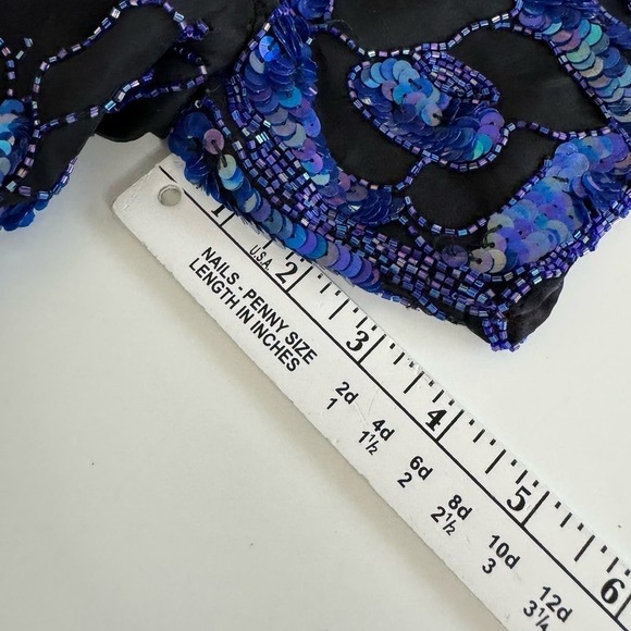 Vintage Sequined Top 100% Silk‎ Blouse Glam Laurence Kazar Black Blue Size 1X - Picture 9 of 11